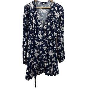 Blue Rain Aviany Wrap Dress SzL Long Sleeve Navy White Floral Flowy Flirty